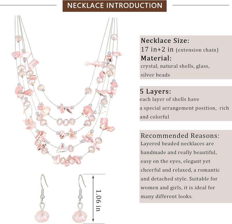 Errally Store Multi-Layer Boho Shell Beaded Necklace for Women Colorful Crystal Strand with Silver Beads Statement Collars Necklace and Earrings Costumes Jewelry Sets for Women - Image 5